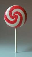 Brightly colored spiral lollipop on a stick stands against a blurred background photo
