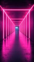 Bright neon-lit corridor with pink lights leading to an illuminated exit at the end photo