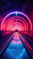 Vibrant neon tunnel with glowing circles and reflective floor at night, creating an immersive atmosphere photo
