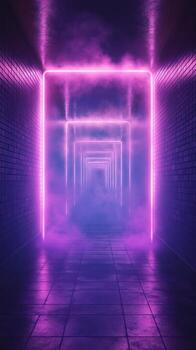 vistoso luces de neón pasillo con niebla creando un misterioso y atractivo atmósfera a noche foto