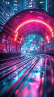 Vibrant urban tunnel illuminated by neon lights during heavy rain in a bustling city at night photo