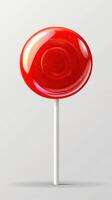 Bright red lollipop on a white stick with a shiny finish showcased against a light background photo