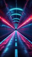 Colorful neon tunnel illuminated with bright lights reflecting on wet pavement at night photo