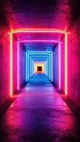 Vibrant neon light tunnel illuminating a pathway during night photo