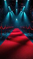 Red carpet event setting with dramatic lighting and velvet ropes invites glamorous arrivals in a festive atmosphere photo