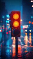 Rainy night scene with illuminated traffic light in urban environment during evening hours photo