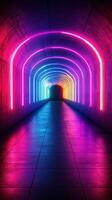 Colorful neon lights illuminate a tunnel creating a captivating and vibrant atmosphere at night photo