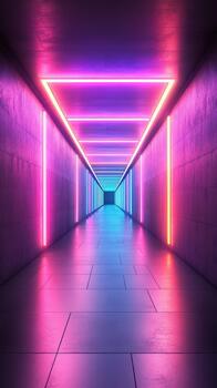 Vibrant neon corridor with glowing lights creating a captivating atmosphere in a modern architectural space photo