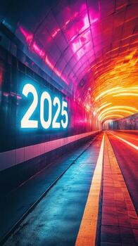 Illuminated tunnel showcasing vibrant colors and the year 2025 against a sleek urban backdrop photo