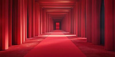 Red corridor features deep hues and luxurious textures, inviting curiosity and exploration in a theatrical setting photo