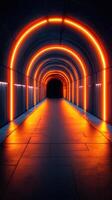 Dramatic illuminated tunnel with neon lights creating a vibrant atmosphere at night photo