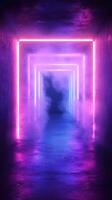 Colorful neon lights illuminate a foggy corridor creating a surreal atmosphere in a modern urban setting photo