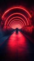 Stunning tunnel illuminated by striking red neon lights at night, creating a vibrant atmosphere for exploration photo