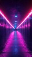 Vibrant neon lights illuminate a long corridor in an underground tunnel during nighttime photo