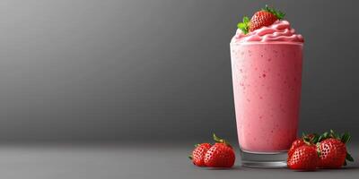 Refreshing strawberry smoothie served in a tall glass alongside fresh strawberries on a gray background photo