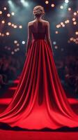 Elegant model showcasing a stunning red gown on the runway during a night fashion show in an illuminated venue photo