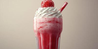 Creamy strawberry milkshake topped with whipped cream and a cherry served in a tall glass with a straw photo