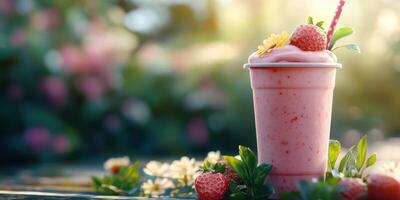 Refreshing strawberry smoothie served in a clear cup surrounded by fresh fruits and flowers in a sunny garden setting photo