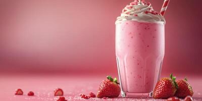 Refreshing pink strawberry milkshake served with whipped cream and fresh berries on a vibrant pink background photo