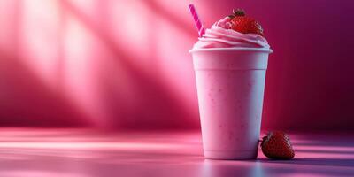 Delicious strawberry milkshake served in a cup with a straw and fresh strawberries on a colorful surface photo