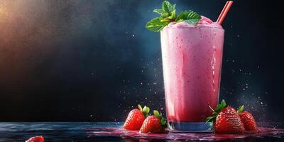 Refreshing strawberry smoothie served in a tall glass with mint and fresh strawberries photo