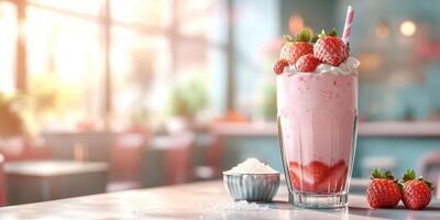 Refreshing strawberry milkshake served in a glass with whipped cream and strawberries in a vibrant cafe setting photo