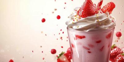 Delightful strawberry milkshake topped with whipped cream and fresh strawberries on a light background photo