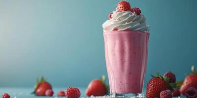 Delicious raspberry milkshake served in a tall glass with whipped cream and fresh fruit toppings photo