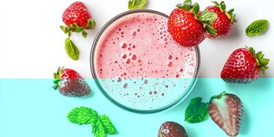 Fresh strawberry smoothie garnished with mint leaves and surrounded by strawberries on a white background photo