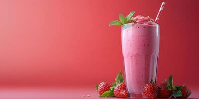 Delicious strawberry smoothie with fresh mint garnishing served in a tall glass on a vibrant red background photo