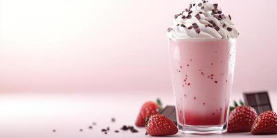 Delicious strawberry shake topped with whipped cream and chocolate chips in a bright setting photo