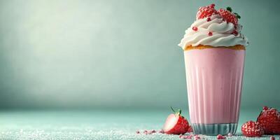 Delicious strawberry milkshake topped with whipped cream and fresh strawberries in a glass cup photo