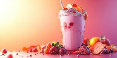 Delicious strawberry milkshake topped with whipped cream and fresh fruit on a vibrant background photo