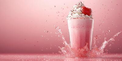 Refreshing pink milkshake with whipped cream and raspberry splashes in a playful setting photo