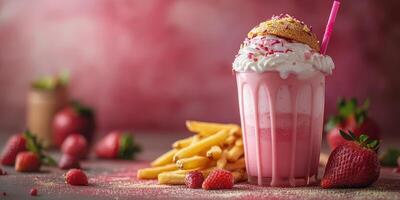 Strawberry milkshake served with golden fries on a vibrant table set for a sweet treat photo