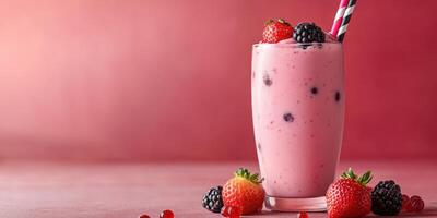Fresh berry smoothie in a tall glass with vibrant colors and decorative straws on a colorful background photo