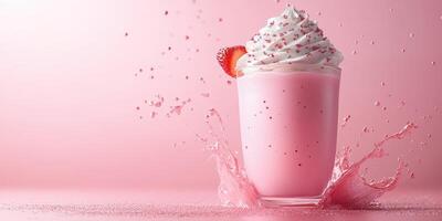 Delicious pink strawberry milkshake with whipped cream and sprinkles splashing on a pink background photo