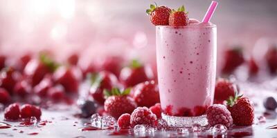 Delicious berry smoothie made with fresh strawberries and raspberries on a vibrant background photo