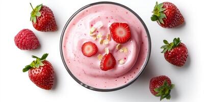Delicious strawberry raspberry smoothie topped with fresh fruit and granola in a clear glass photo