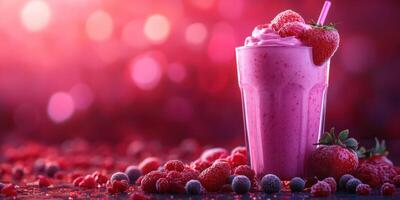 Delicious strawberry smoothie served in a glass with fresh berries on a colorful background photo