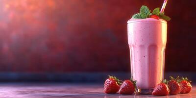 Fresh strawberry smoothie served in a tall glass with fresh strawberries on the side and colorful background photo