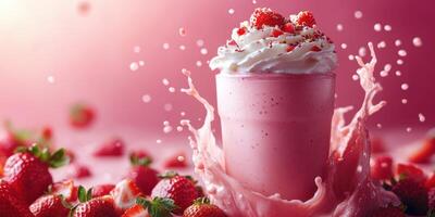 Strawberry milkshake with whipped cream and fresh strawberries creates a vibrant splash in a playful setting photo