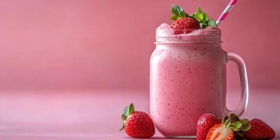 Refreshing strawberry smoothie in a clear glass jar garnished with fresh strawberries and mint leaves photo