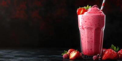 Delicious berry smoothie served in a tall glass with fresh strawberries and raspberries on a dark backdrop photo