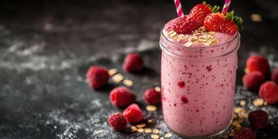 Refreshing raspberry smoothie with oats and strawberries in a glass jar on a dark textured surface photo