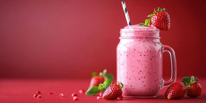 Refreshing strawberry smoothie in a jar with mint on a vibrant red background for a delightful summertime drink photo