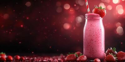 Delicious strawberry smoothie in a jar garnished with fresh strawberries on a blurred background photo