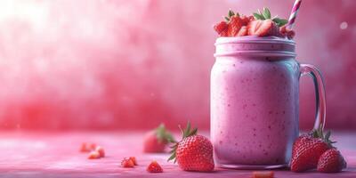 Delicious strawberry smoothie in a jar with fresh berries and a straw on a vibrant pink background photo
