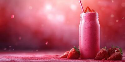 Refreshing strawberry milkshake in a mason jar with fresh strawberries on a colorful background photo