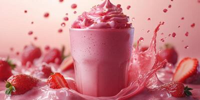 Delicious strawberry milkshake splashing from a glass on a pink background with fresh strawberries photo